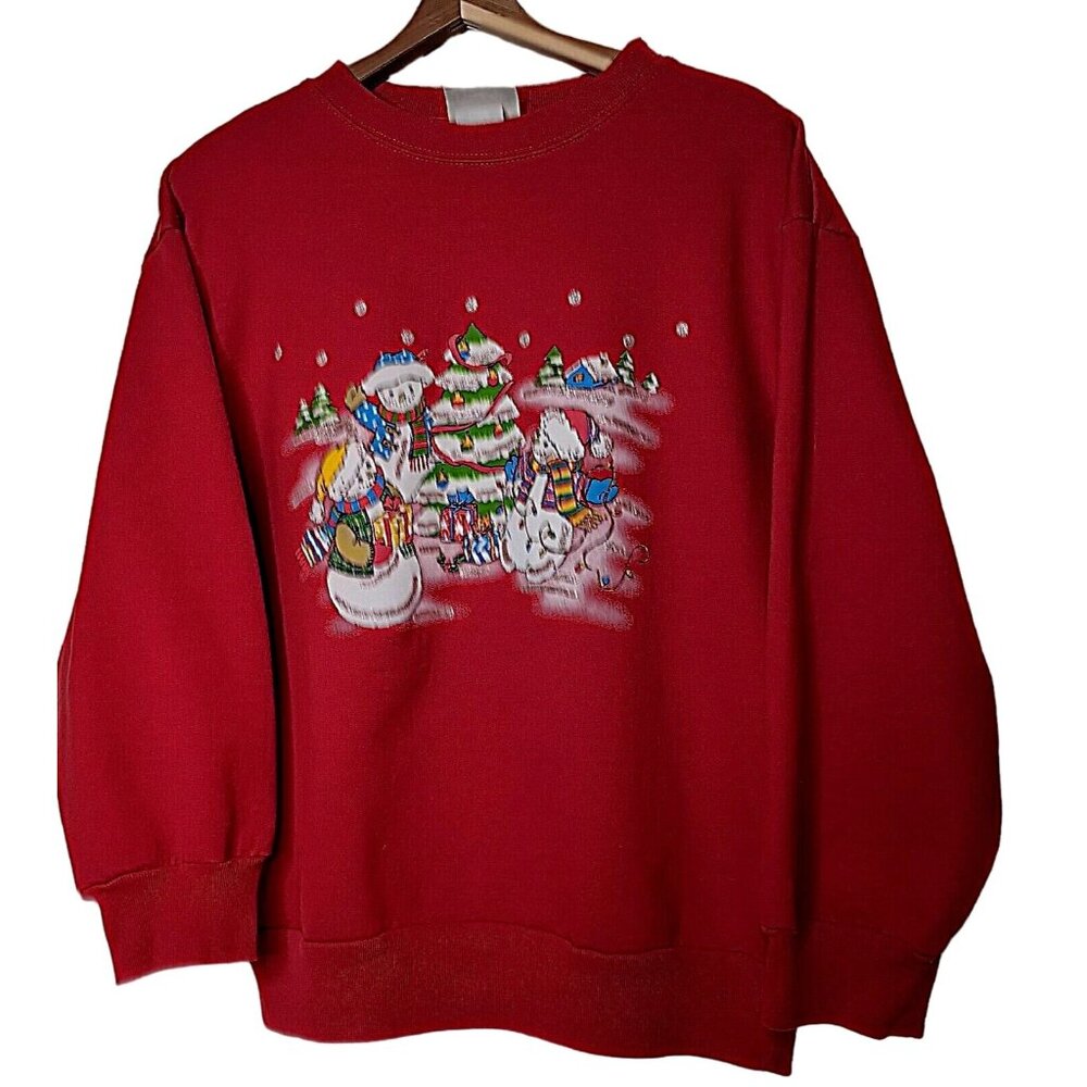 Vintage Christmas Snowman Womens XL Sweatshirt Red Silver Glitter Tree Presents